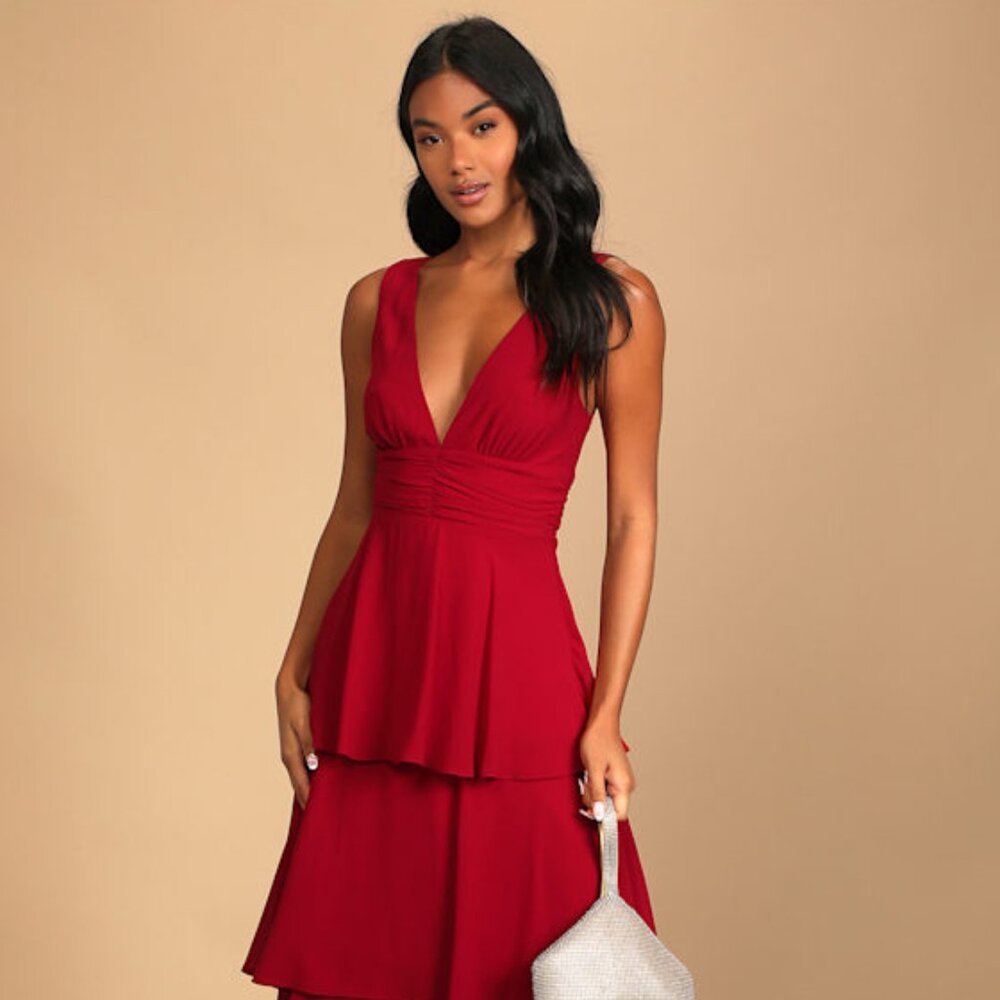Lulus Celebration Time Red Sleeveless Tiered Midi Dress - Size XS NWT